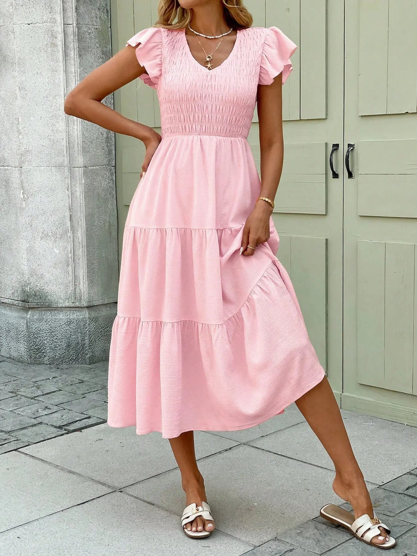 Flowing Pink Midi Dress with Smocked Bodice for Women TARHUS  SS - Womens - Maxi Dress