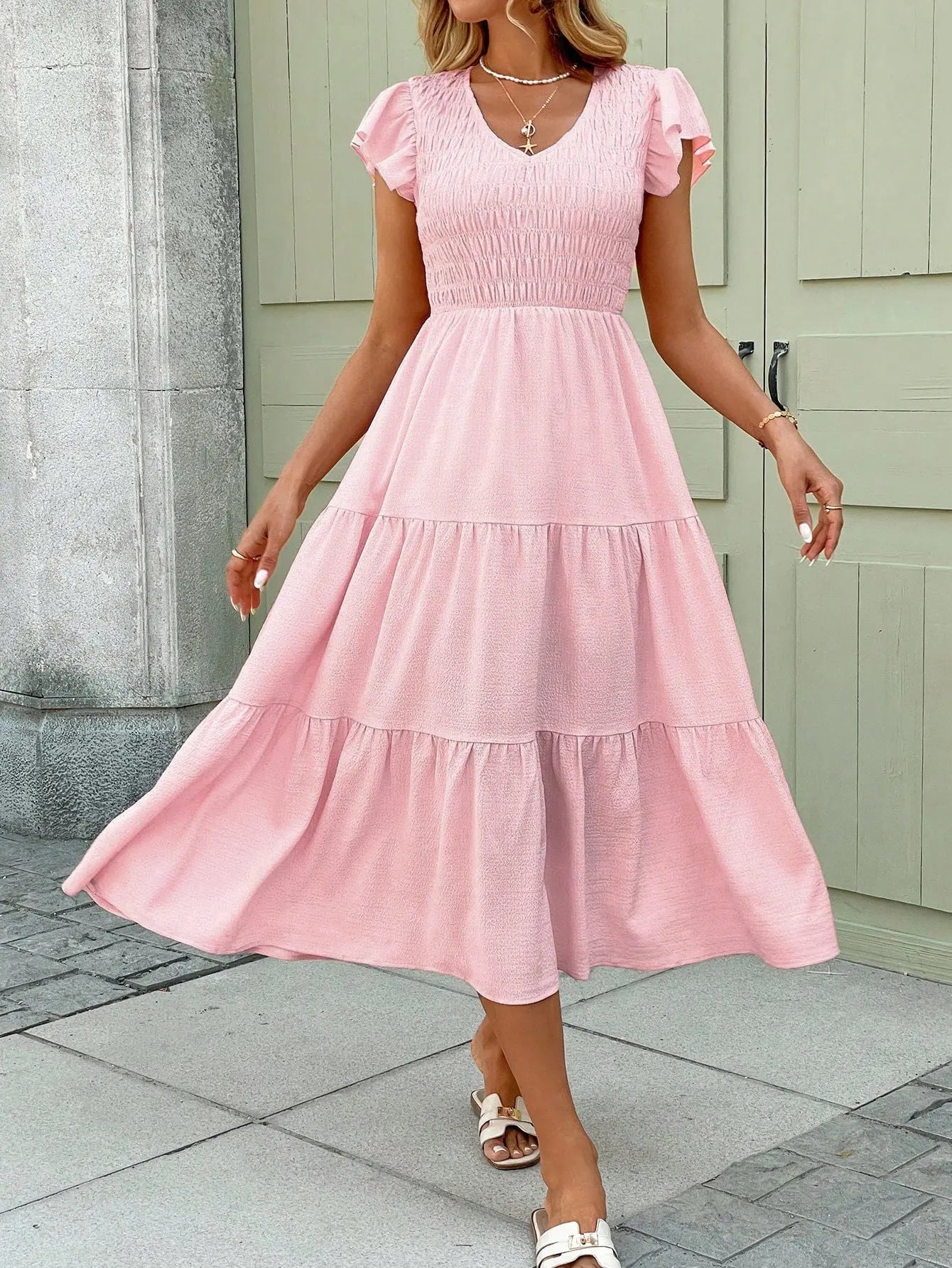 Flowing Pink Midi Dress with Smocked Bodice for Women TARHUS  SS - Womens - Maxi Dress