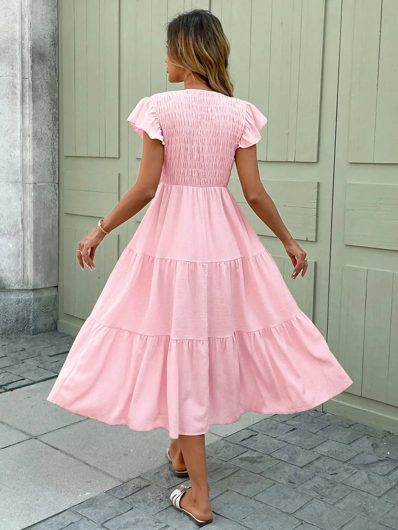 Flowing Pink Midi Dress with Smocked Bodice for Women TARHUS  SS - Womens - Maxi Dress