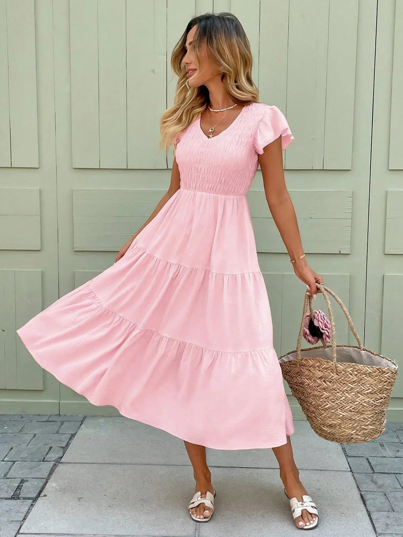 Flowing Pink Midi Dress with Smocked Bodice for Women TARHUS  SS - Womens - Maxi Dress