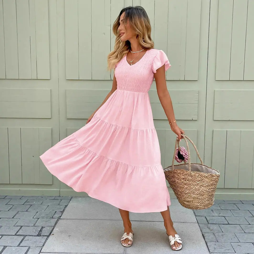 Flowing Pink Midi Dress with Smocked Bodice for Women TARHUS  SS - Womens - Maxi Dress