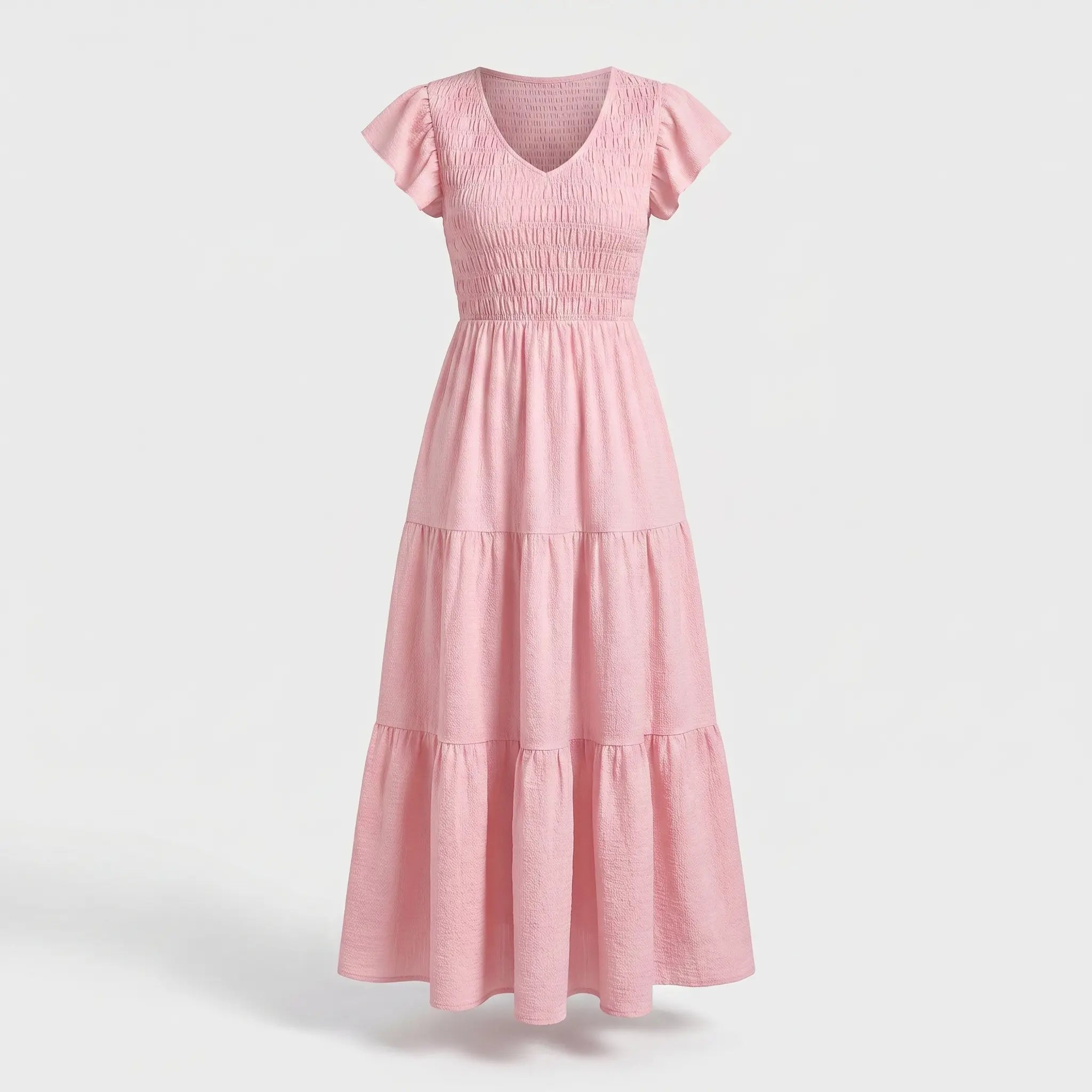 Flowing Pink Midi Dress with Smocked Bodice for Women TARHUS  SS - Womens - Maxi Dress