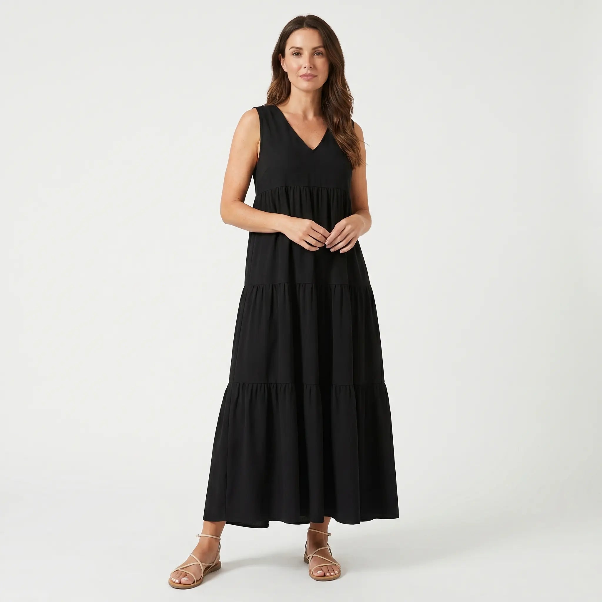 Flowing Tiered Maxi Dress with V-Neck for Women TARHUS  SS - Womens - Maxi Dress