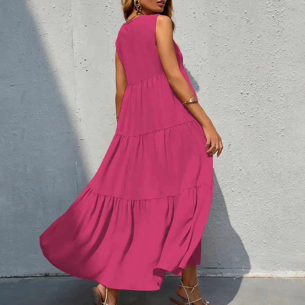 Flowing Tiered Maxi Dress with V-Neck for Women TARHUS  SS - Womens - Maxi Dress