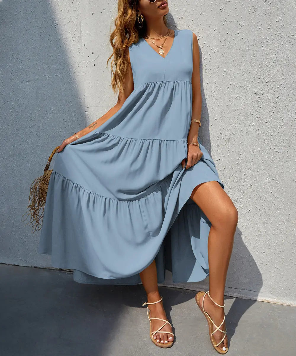 Flowing Tiered Maxi Dress with V-Neck for Women TARHUS  SS - Womens - Maxi Dress