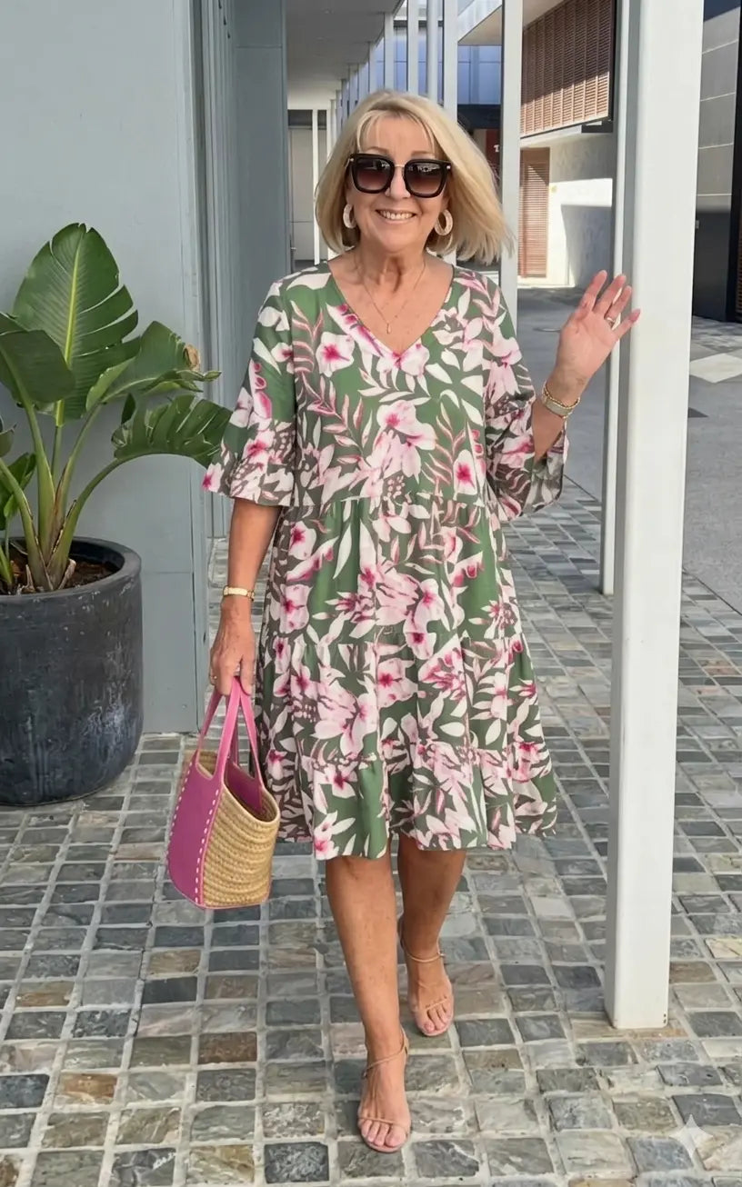 Beatrice | Tropical Floral Ruffle Midi Dress TARHUS  Floral V Neck Dress