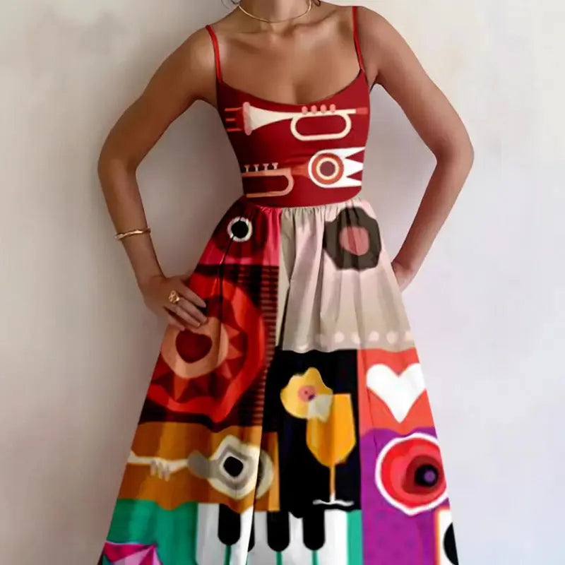 Geometric Print Midi Dress with Spaghetti Straps for Women TARHUS  SS - Womens - Midi Dress