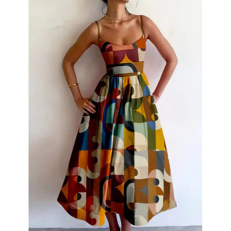 Geometric Print Midi Dress with Spaghetti Straps for Women TARHUS  SS - Womens - Midi Dress