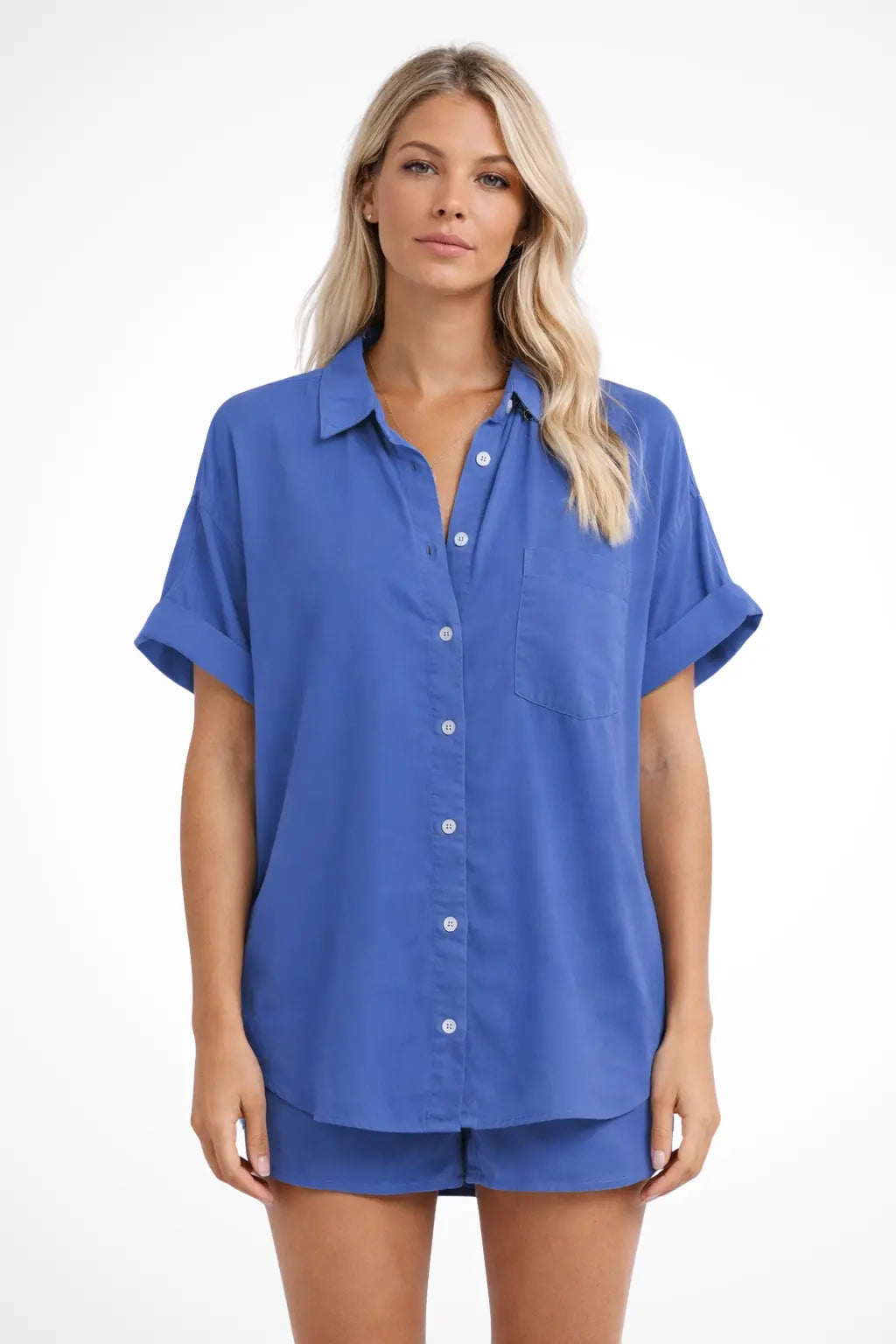 Phoebe | Women Short Sleeve Button Down Oversized Shirt with Chest Pocket TARHUS