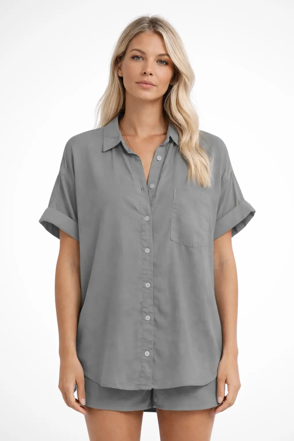 Phoebe | Women Short Sleeve Button Down Oversized Shirt with Chest Pocket TARHUS