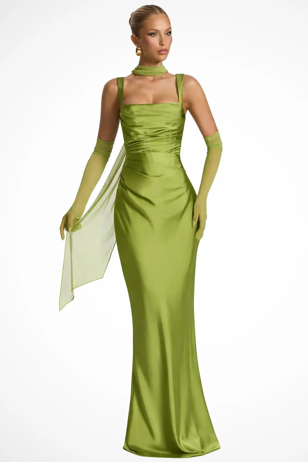 Vivienne | Women Square Neck Ruched Satin Maxi Wedding Guest Dress TARHUS