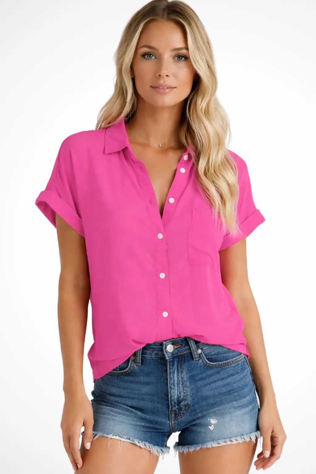 Phoebe | Women Short Sleeve Button Down Oversized Shirt with Chest Pocket TARHUS