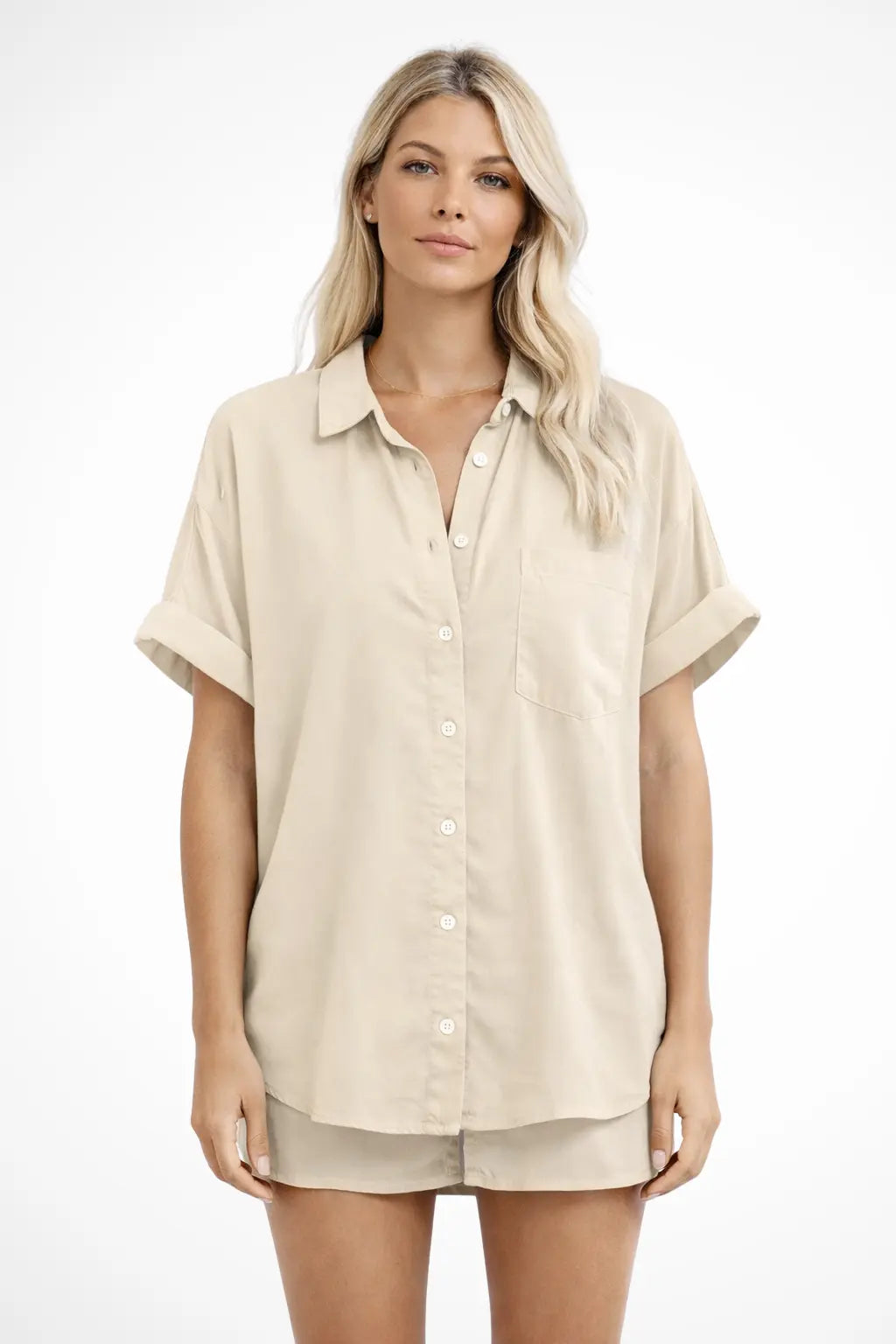 Phoebe | Women Short Sleeve Button Down Oversized Shirt with Chest Pocket TARHUS