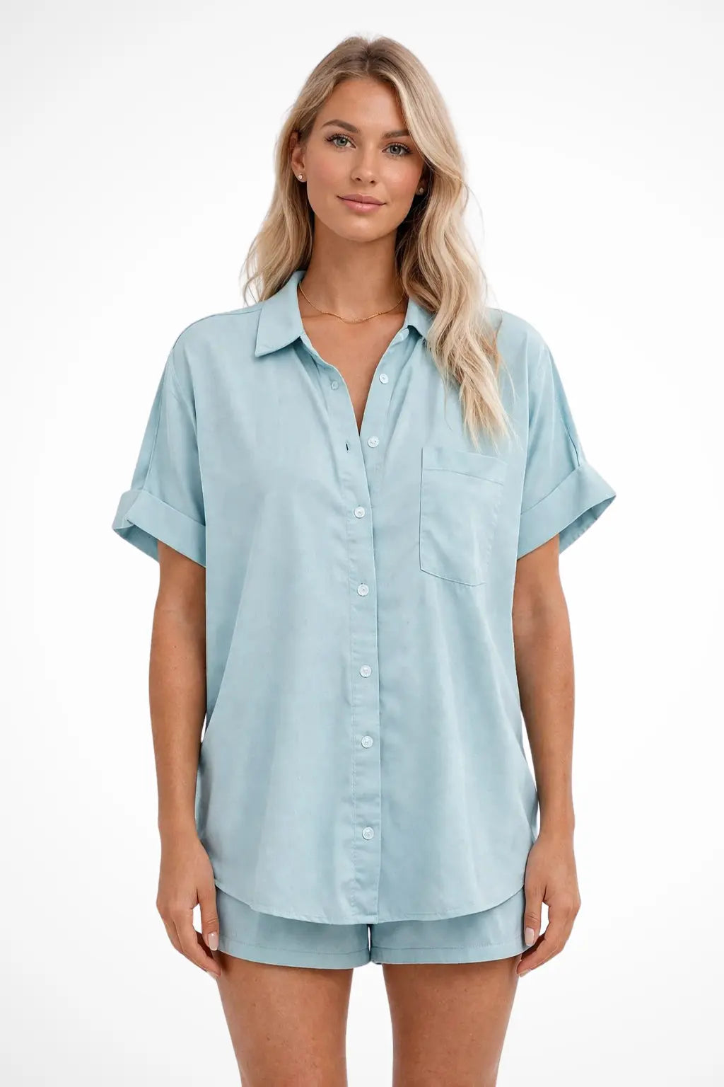 Phoebe | Women Short Sleeve Button Down Oversized Shirt with Chest Pocket TARHUS