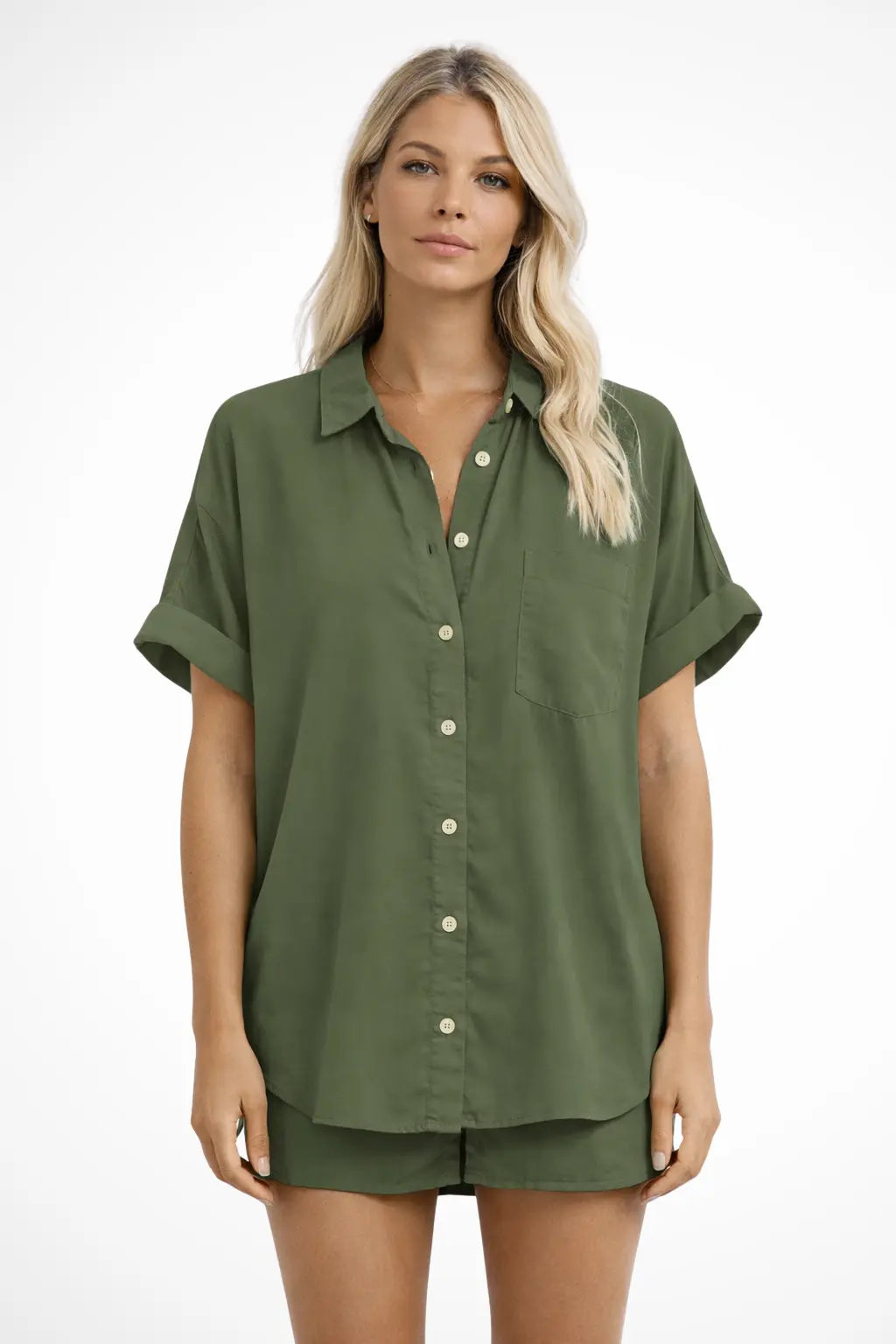 Phoebe | Women Short Sleeve Button Down Oversized Shirt with Chest Pocket TARHUS