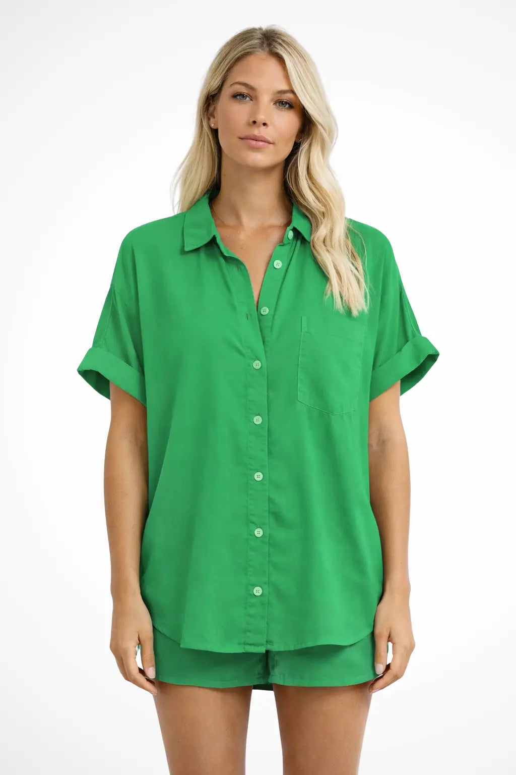 Phoebe | Women Short Sleeve Button Down Oversized Shirt with Chest Pocket TARHUS