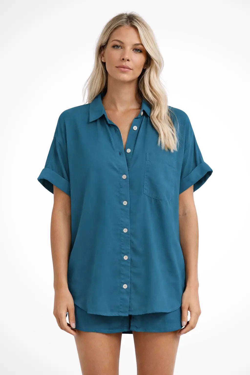 Phoebe | Women Short Sleeve Button Down Oversized Shirt with Chest Pocket TARHUS