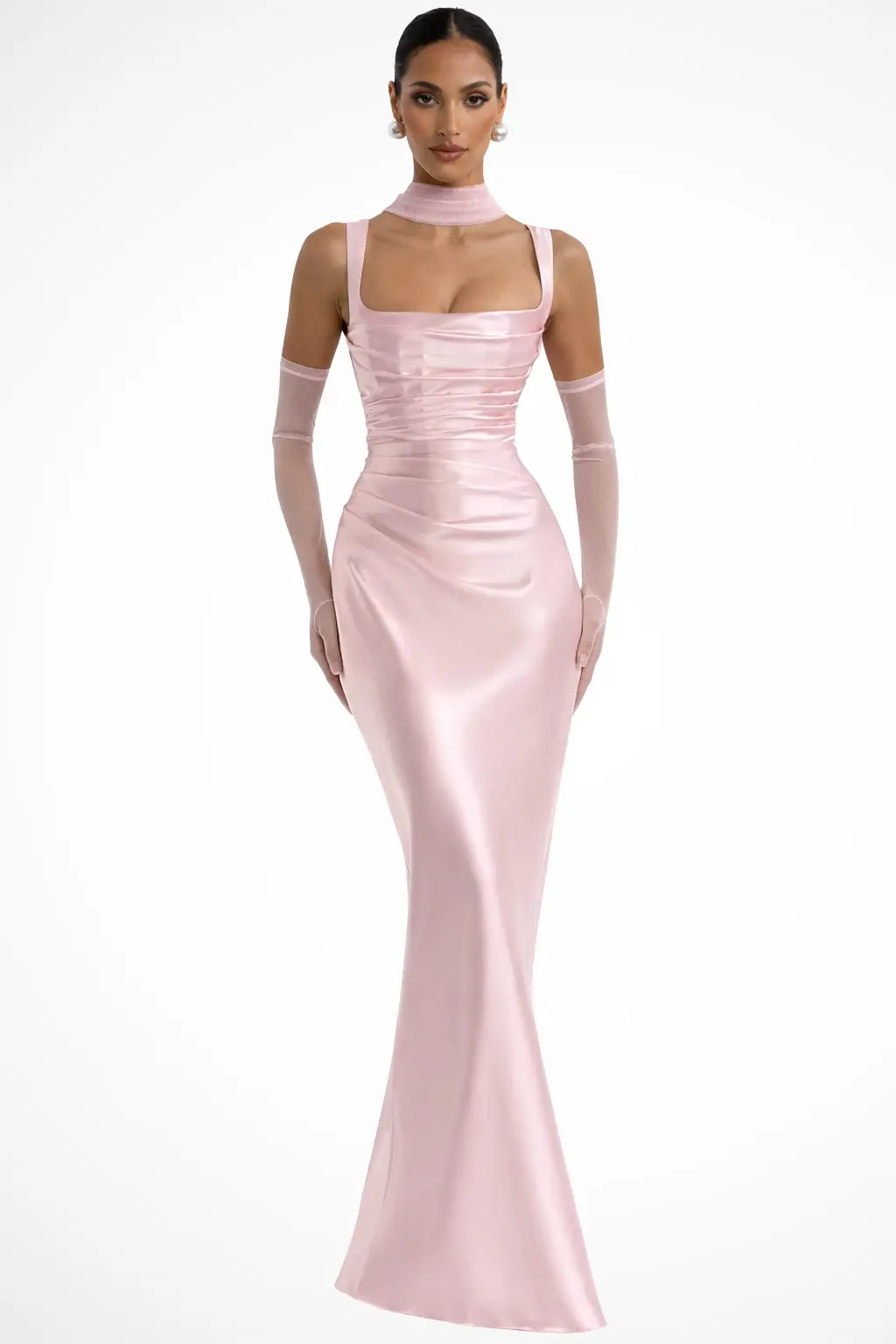 Vivienne | Women Square Neck Ruched Satin Maxi Wedding Guest Dress TARHUS