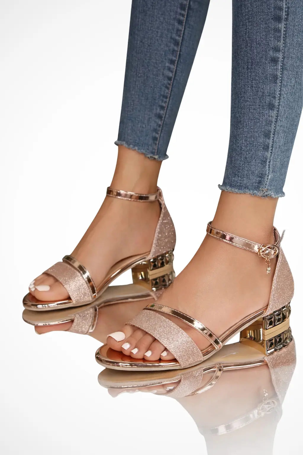Delphine | Women Glitter Double Strap Ankle Strap Low Block Heel Sandals TARHUS