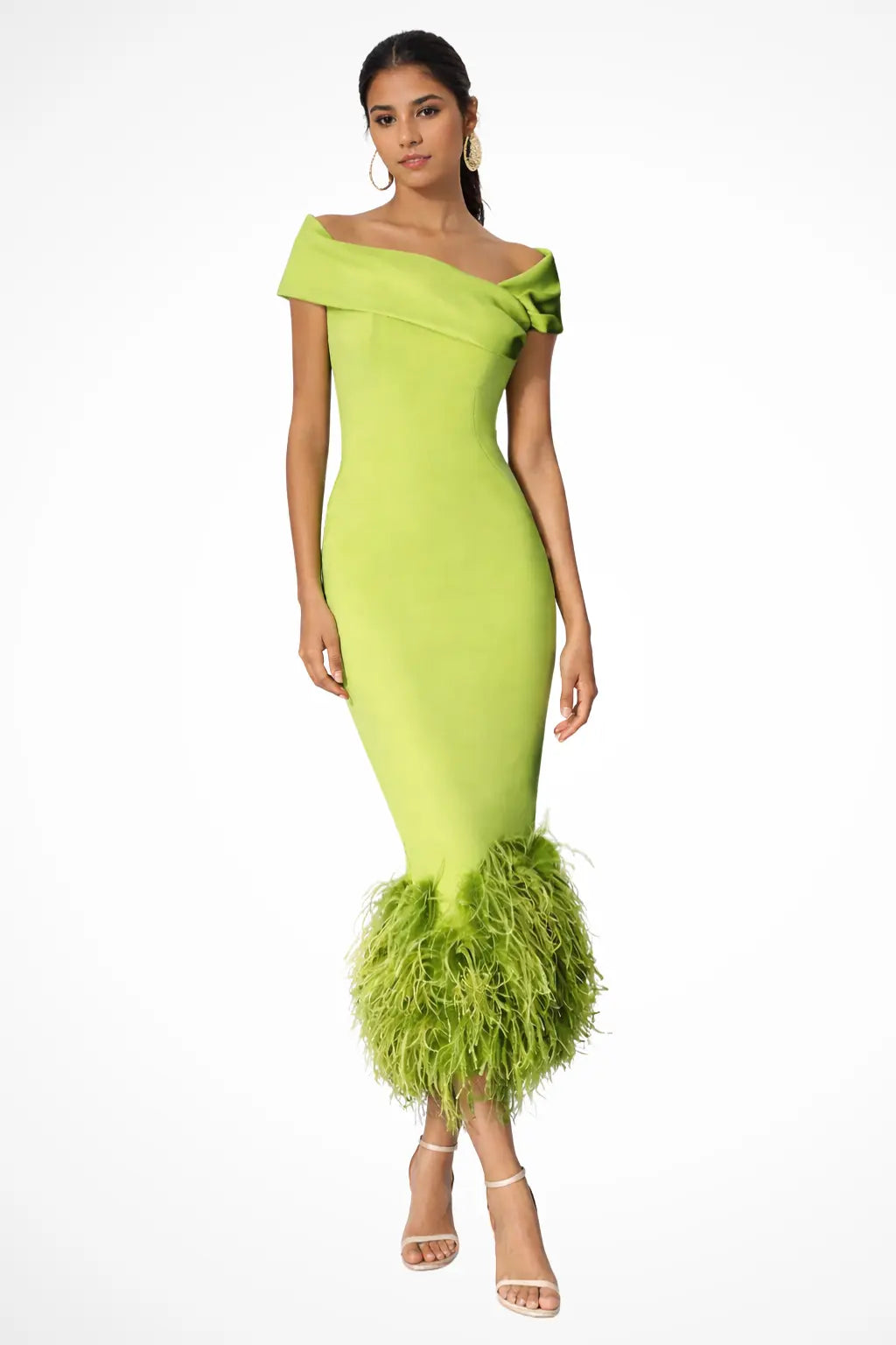 Verity | Women Off Shoulder Fitted Feather Hem Midi Wedding Guest Dress TARHUS  Mother of the Bride Dresses