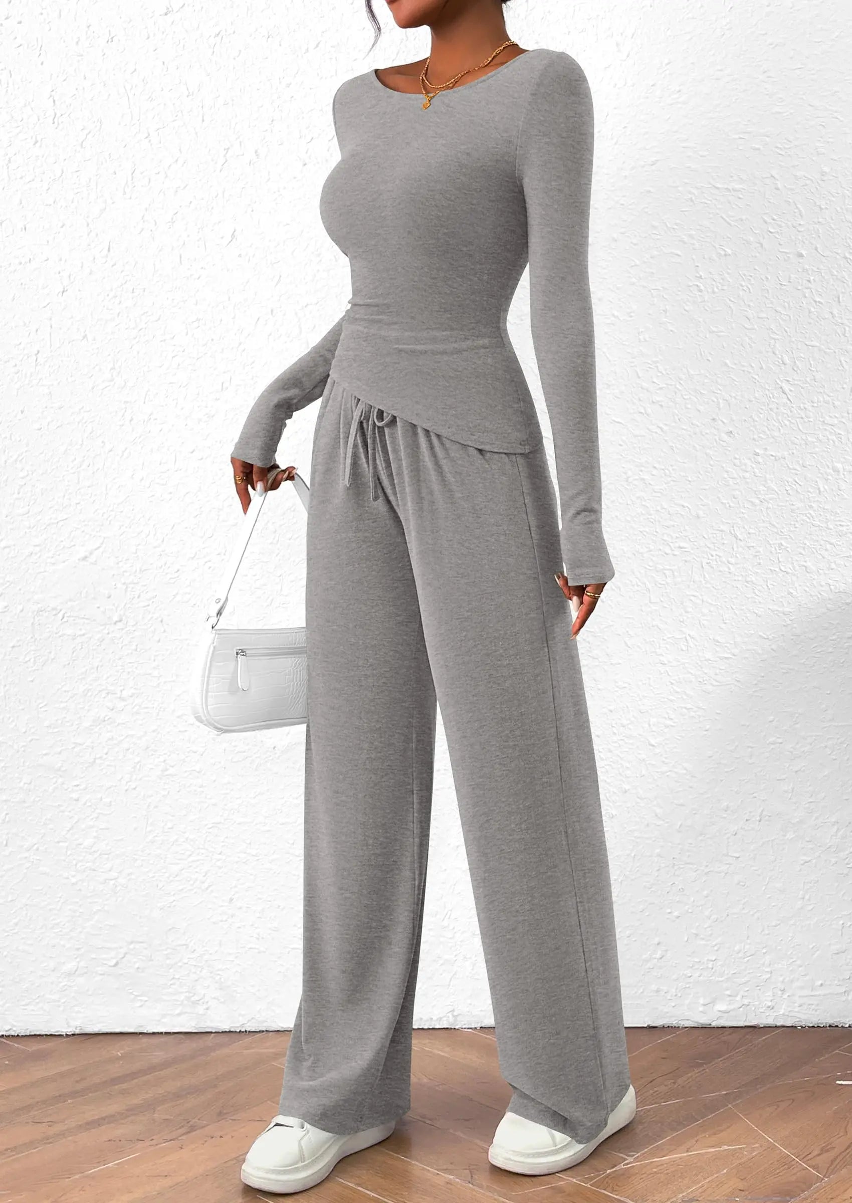 Long Sleeve T-Shirt Wide Leg Pants Casual 2 Piece Sets - TARHUS