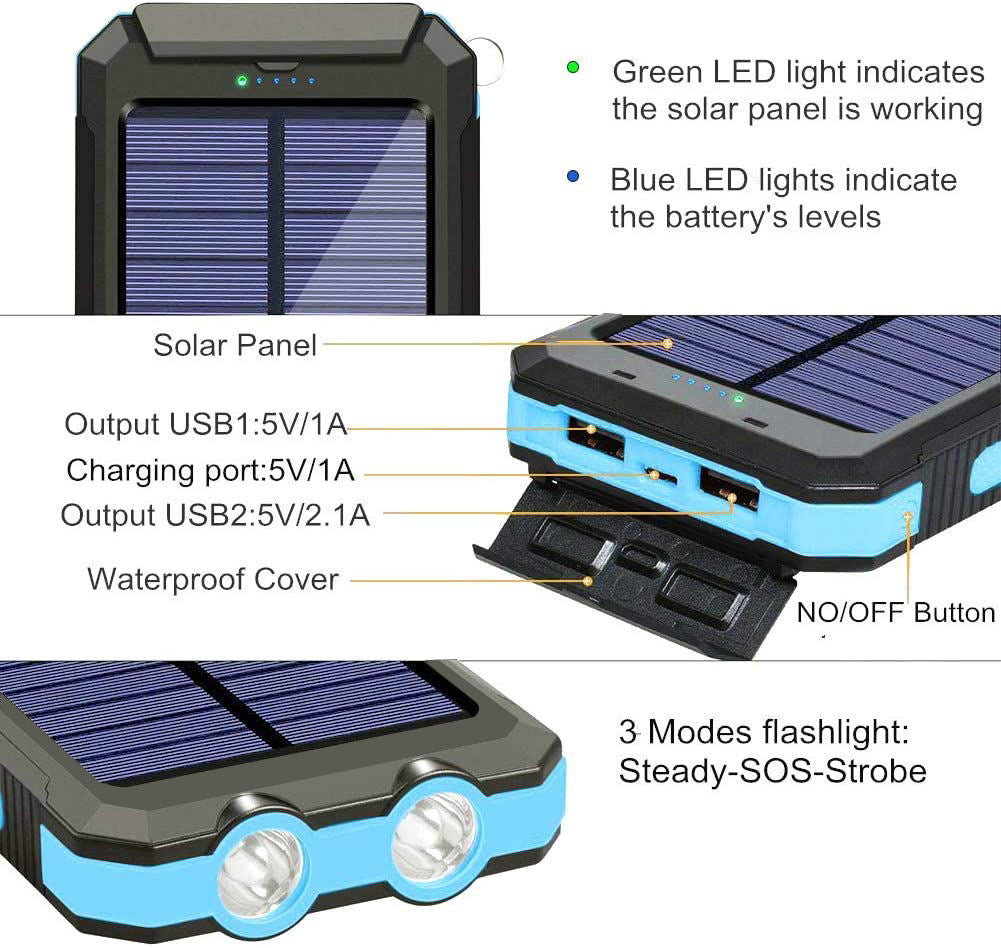 Solar Power Bank – Portable Waterproof Charger with Dual USB & LED Flashlight | SolarBank TARHUS  Electronics & Lights