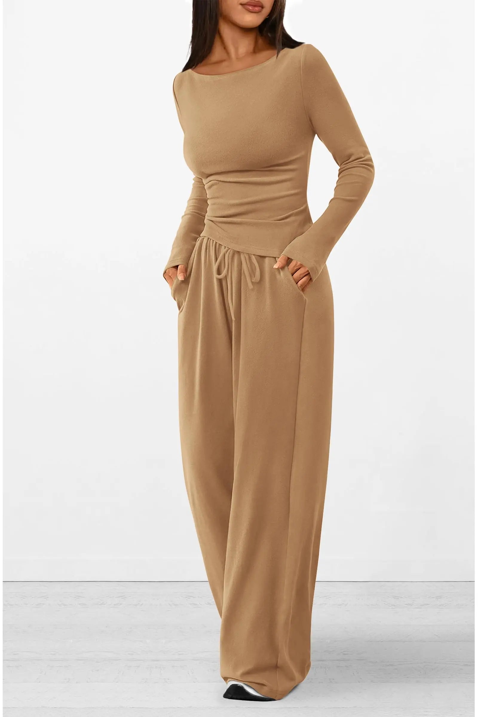 Long Sleeve T-Shirt Wide Leg Pants Casual 2 Piece Sets - TARHUS