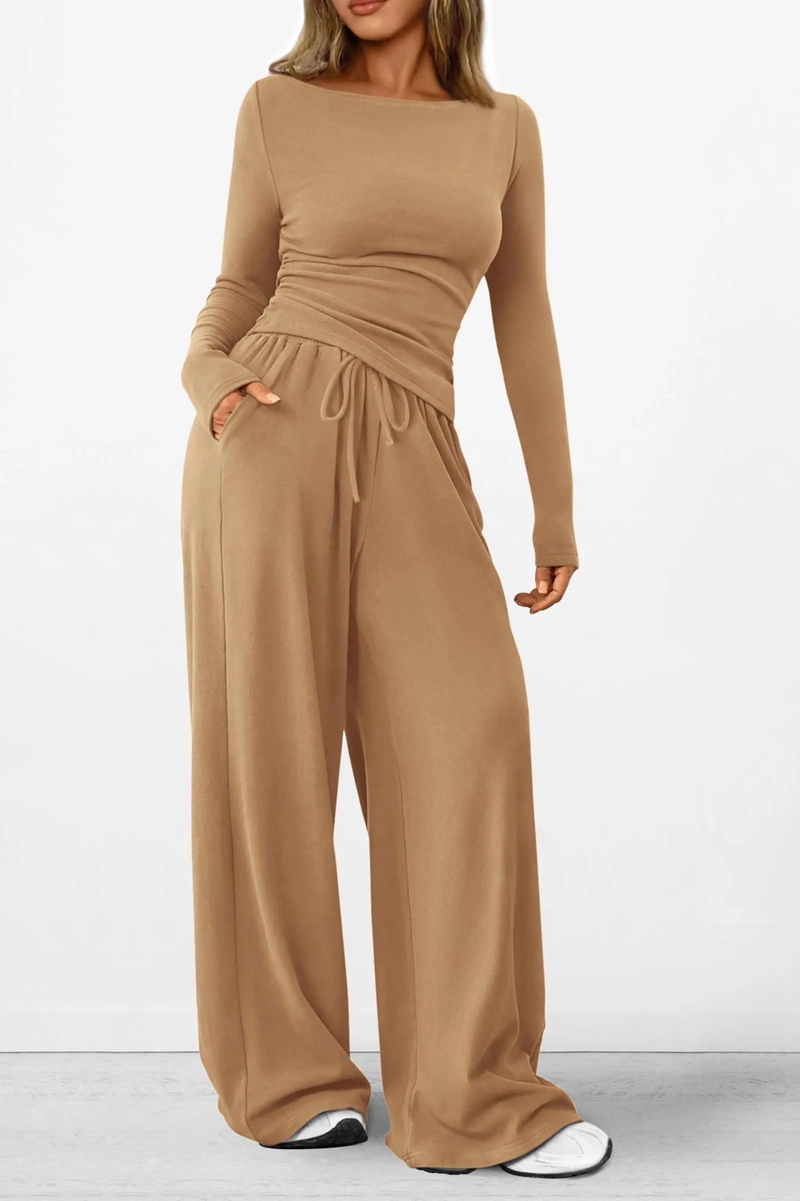 Long Sleeve T-Shirt Wide Leg Pants Casual 2 Piece Sets - TARHUS