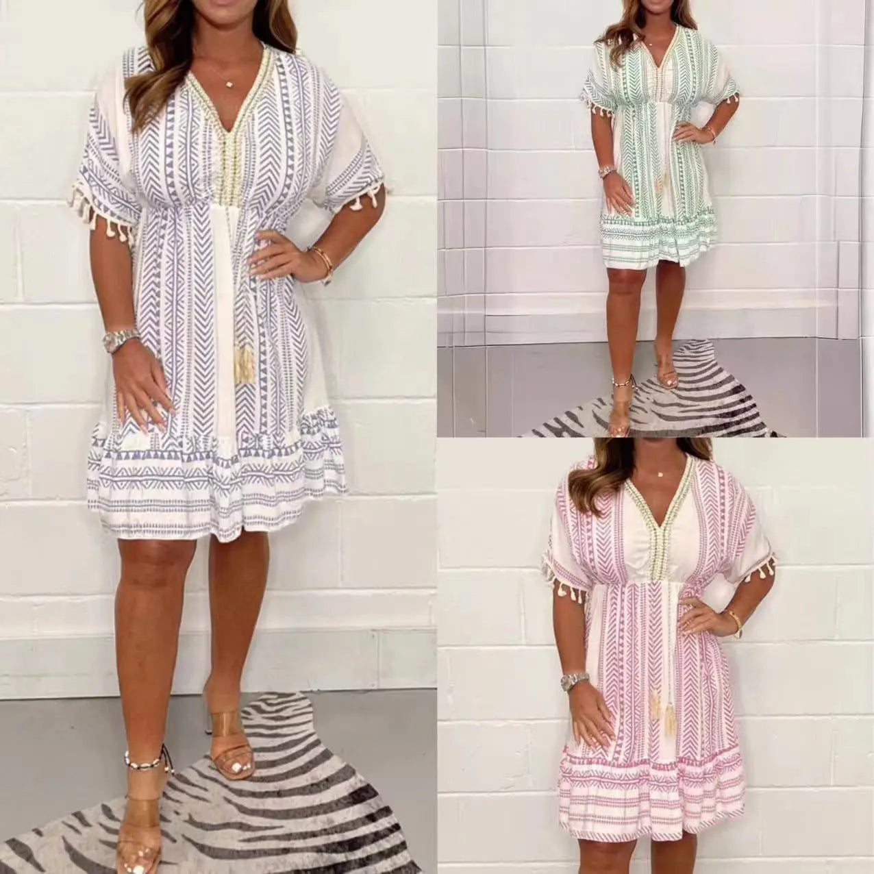 Boho Chic Printed V-Neck Summer Dress -  Casual Beach Dress - TARHUS