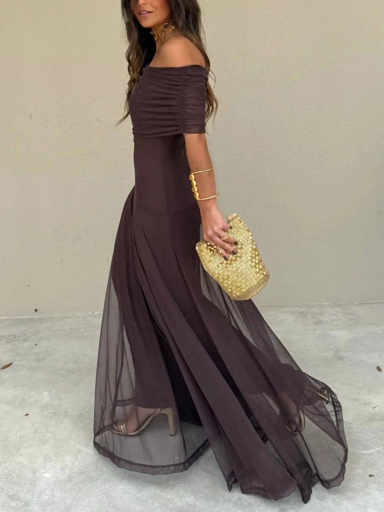 Off-Shoulder Maxi Dress with Chiffon Overlay for Women TARHUS  SS - Womens - Dresses