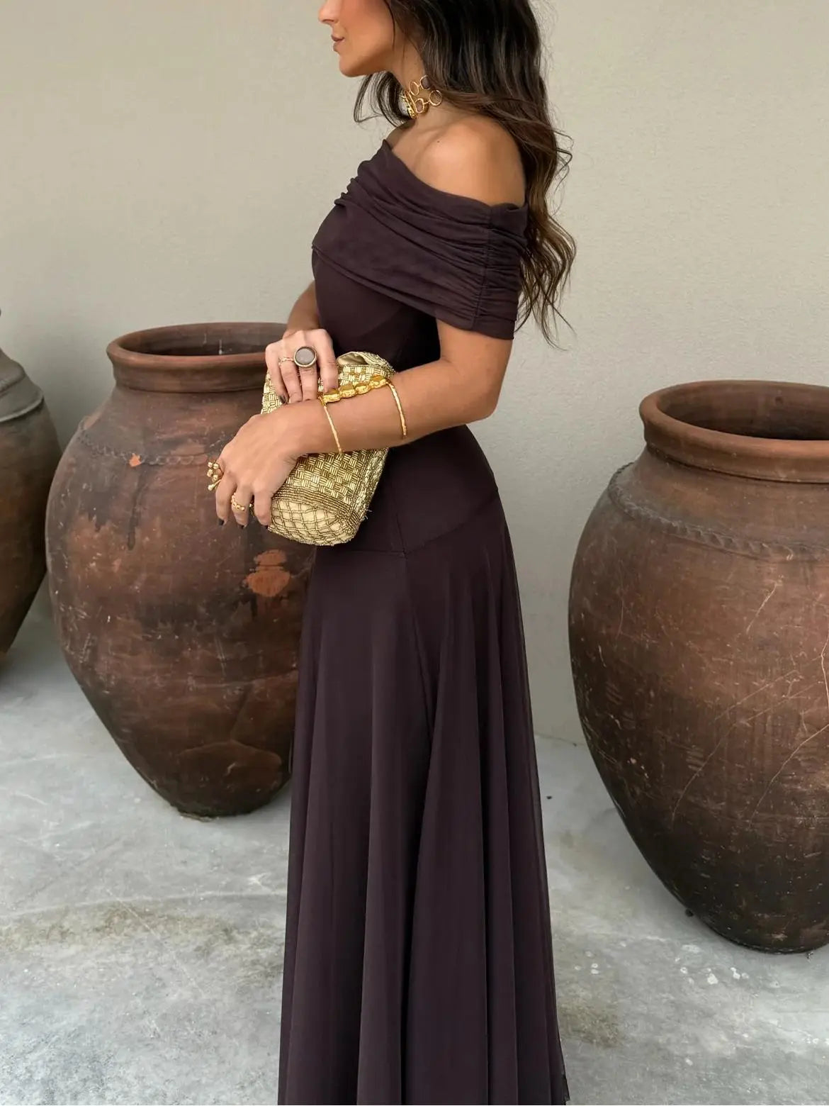 Off-Shoulder Maxi Dress with Chiffon Overlay for Women TARHUS  SS - Womens - Dresses