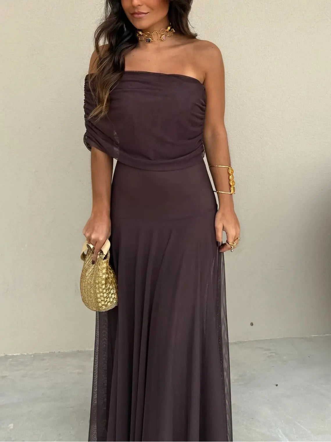 Off-Shoulder Maxi Dress with Chiffon Overlay for Women TARHUS  SS - Womens - Dresses