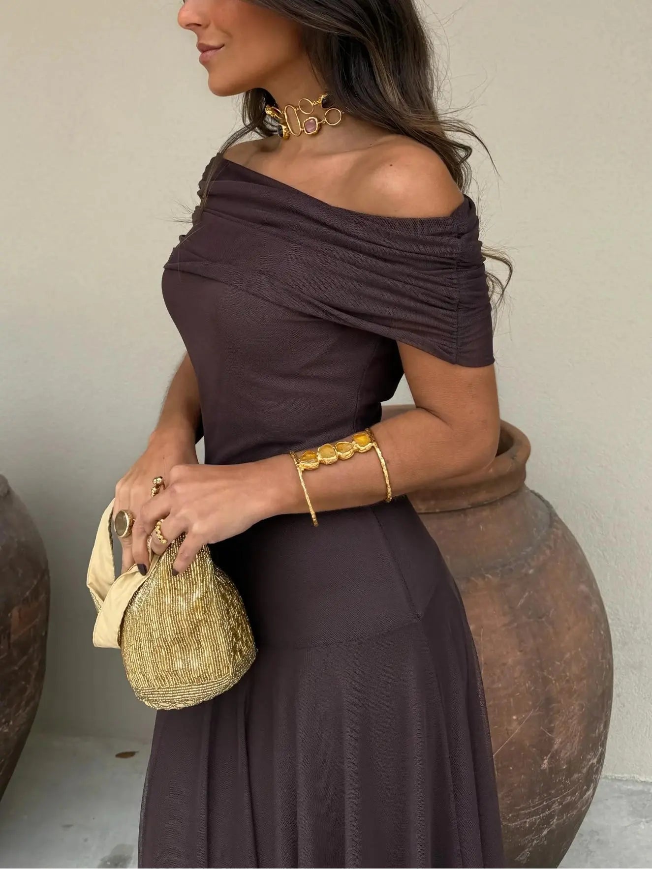 Off-Shoulder Maxi Dress with Chiffon Overlay for Women TARHUS  SS - Womens - Dresses