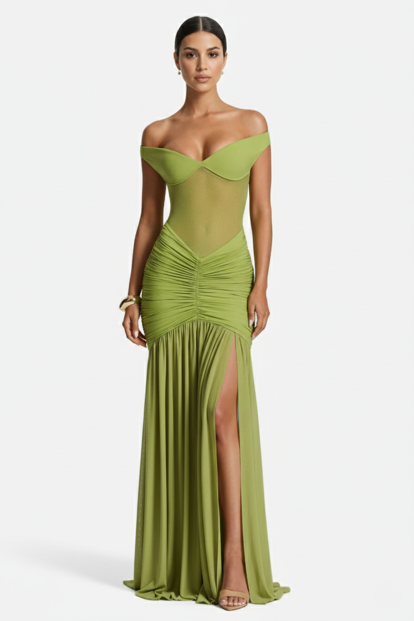 Women's Off Shoulder Ruched Maxi Dress - Mesh Bodice High Slit TARHUS  Maxi Dress