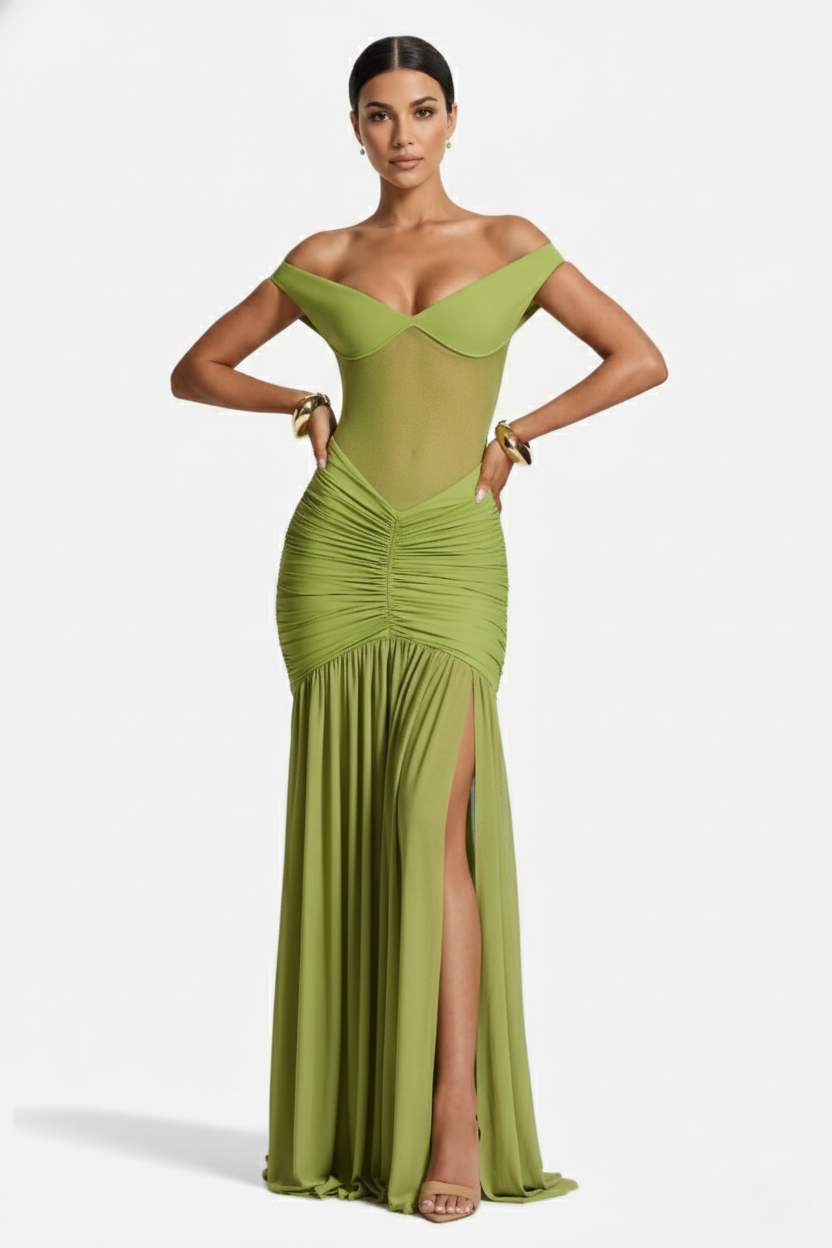 Women's Off Shoulder Ruched Maxi Dress - Mesh Bodice High Slit TARHUS  Maxi Dress