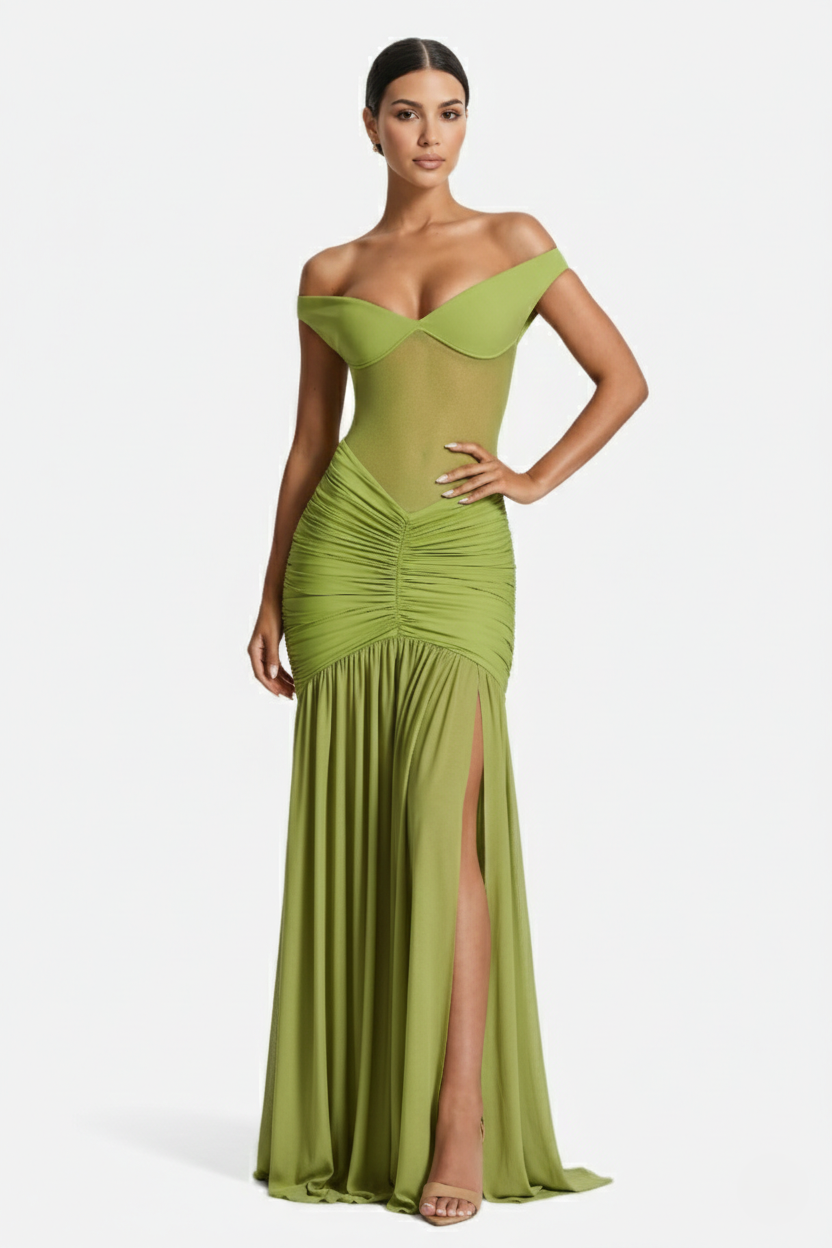 Women's Off Shoulder Ruched Maxi Dress - Mesh Bodice High Slit TARHUS  Maxi Dress