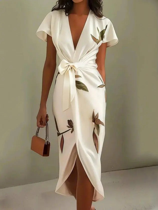 Satin Wrap Midi Dress with Leaf Print for Women TARHUS  SS - Womens - Midi Dress