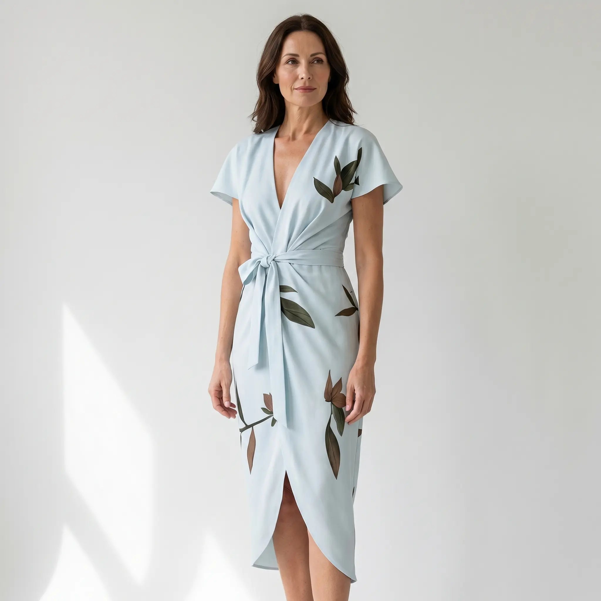 Satin Wrap Midi Dress with Leaf Print for Women TARHUS  SS - Womens - Midi Dress