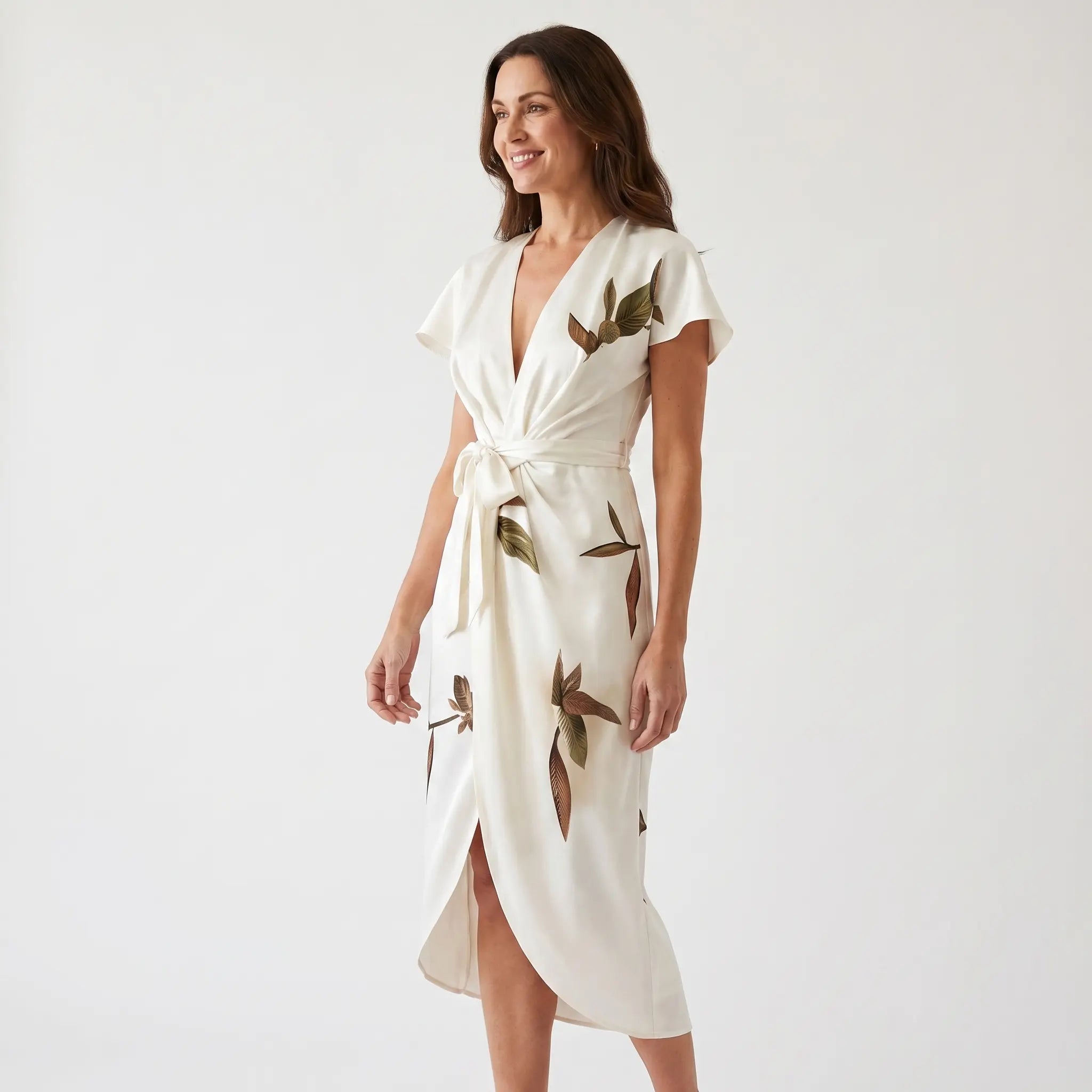 Satin Wrap Midi Dress with Leaf Print for Women TARHUS  SS - Womens - Midi Dress