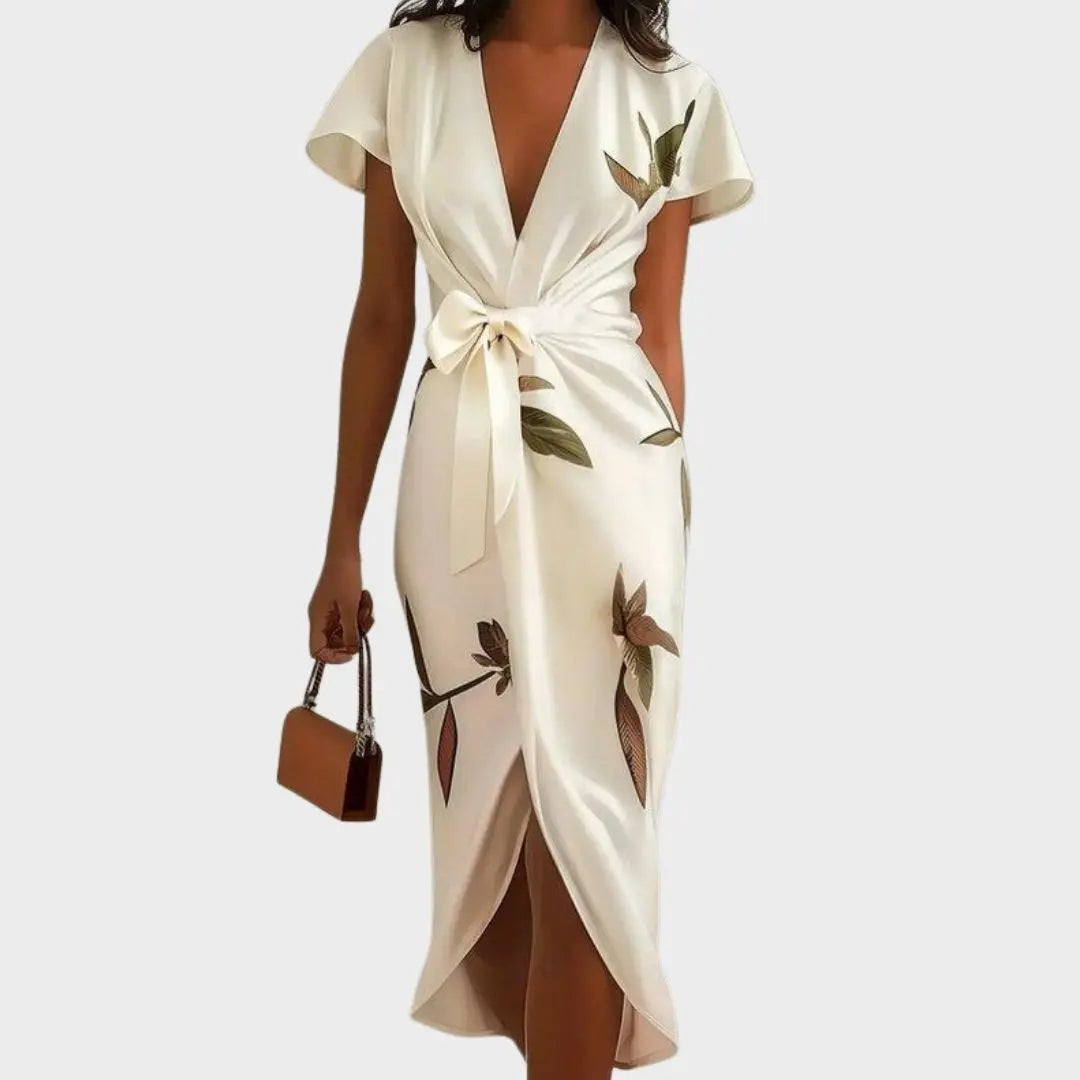 Satin Wrap Midi Dress with Leaf Print for Women TARHUS  SS - Womens - Midi Dress