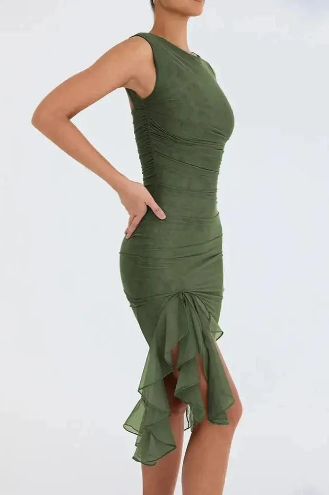 Aurevia | Women Ruched Sleeveless Midi Wedding Guest Dress TARHUS  Dresses