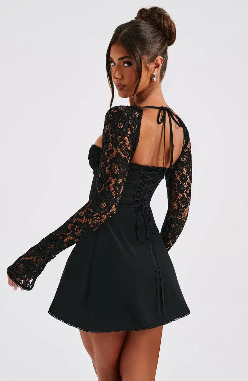 Women's Lace Mini Dress - Sweetheart Tie Front with Sheer Lace Long Sleeves and Corset Lace-Up Back TARHUS  Dresses