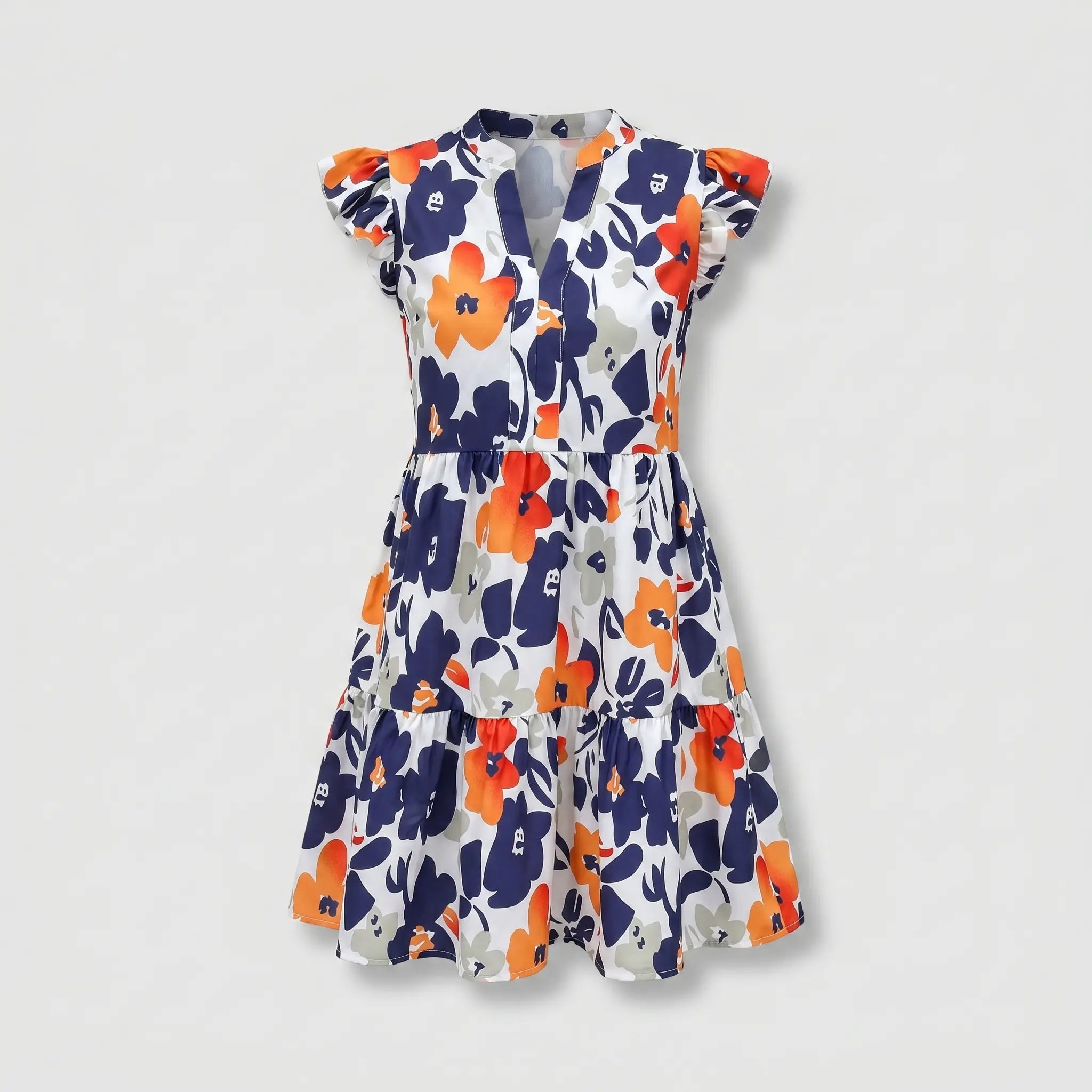 Tiered Mini Floral Dress with V-neck, Flutter Sleeves for Women TARHUS  SS - Womens - Mini Dress