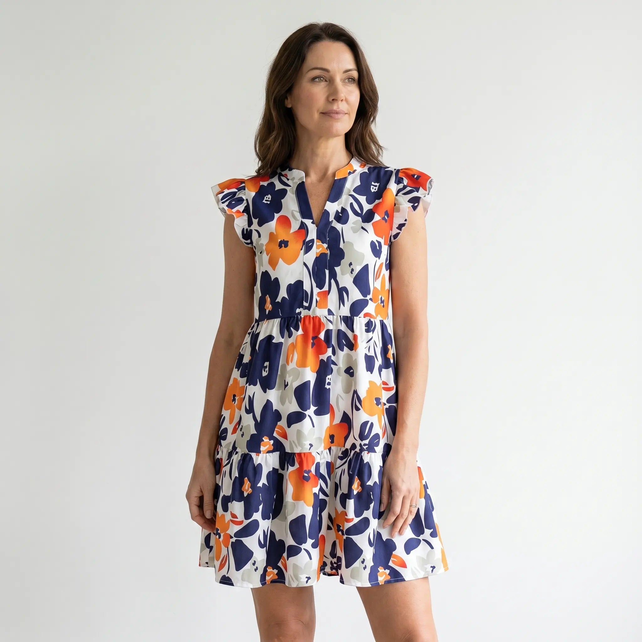 Tiered Mini Floral Dress with V-neck, Flutter Sleeves for Women TARHUS  SS - Womens - Mini Dress