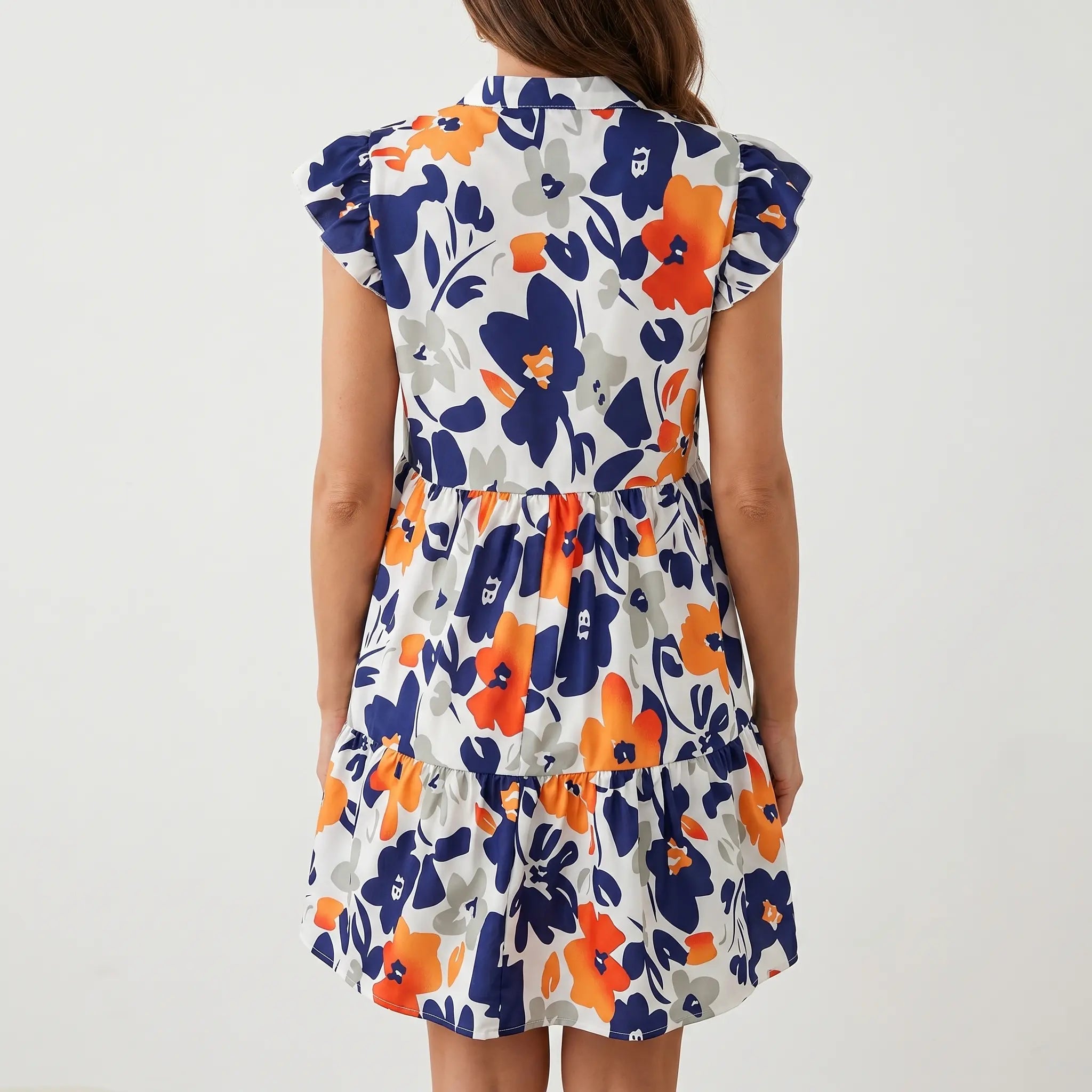 Tiered Mini Floral Dress with V-neck, Flutter Sleeves for Women TARHUS  SS - Womens - Mini Dress
