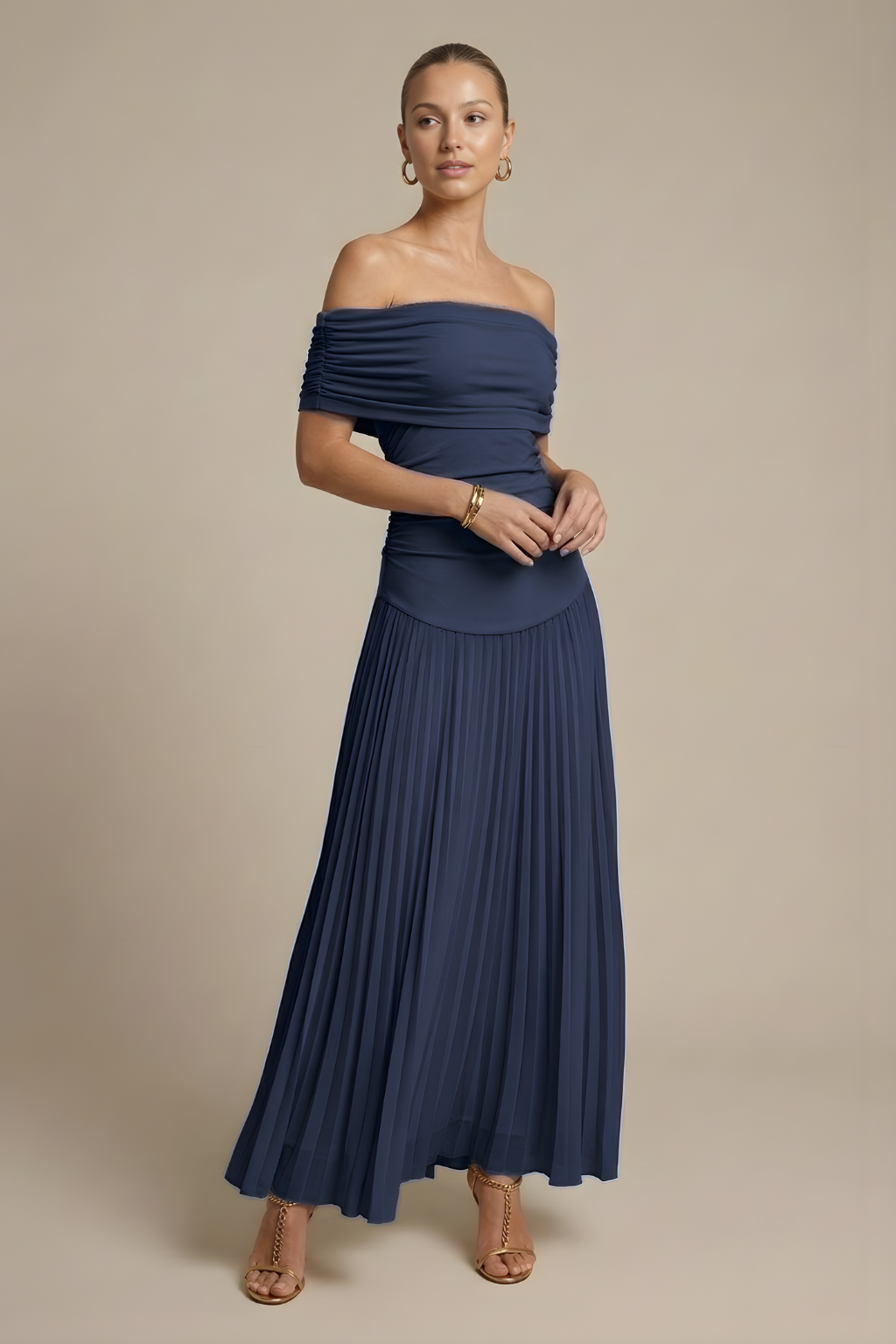 Women's Off Shoulder Pleated Maxi Dress - Ruched - Wedding Guest TARHUS  Maxi Dresses