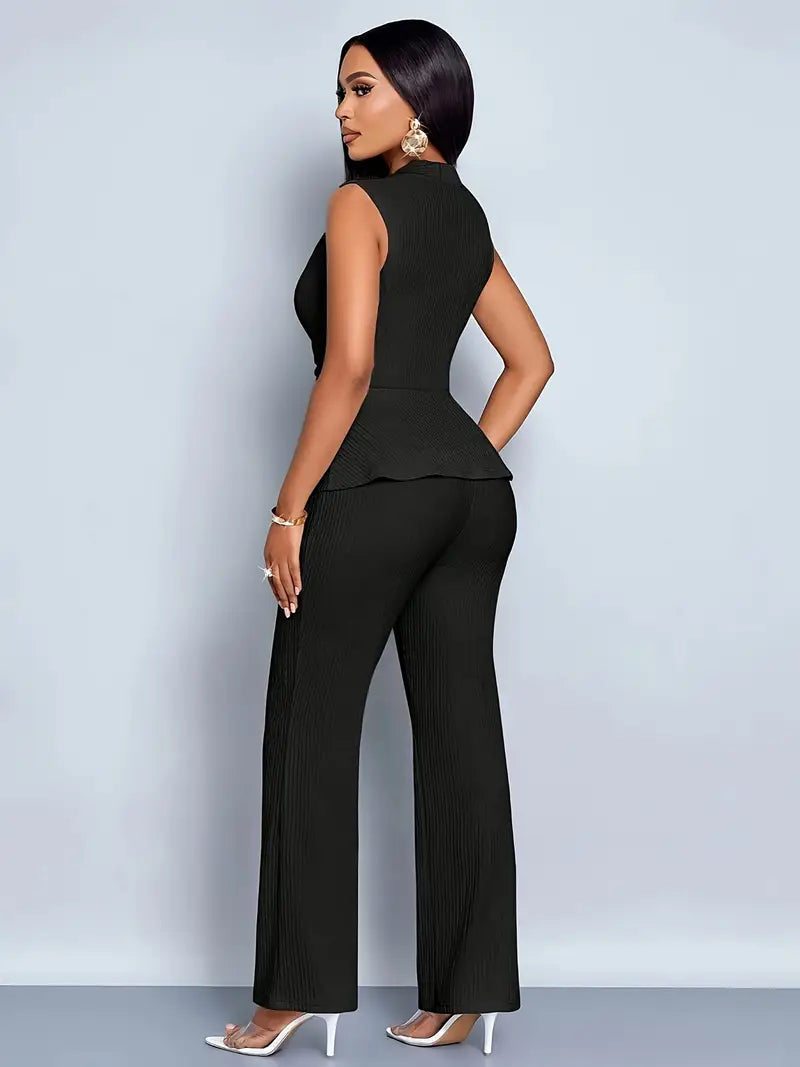 Women's Knit V-Neck Sleeveless Peplum Top Wide Leg Pants Set TARHUS  Outfit Sets