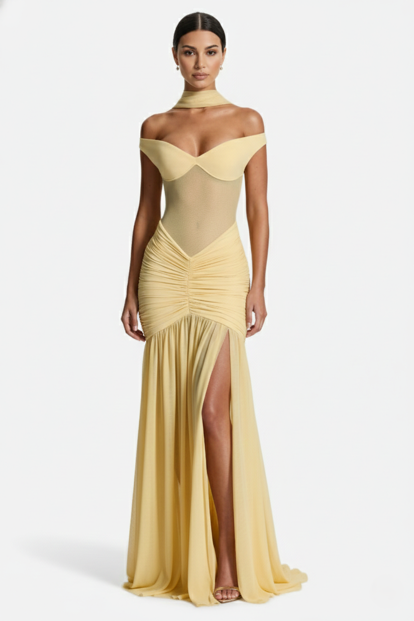 Women's Off Shoulder Ruched Maxi Dress - Mesh Bodice High Slit TARHUS  Maxi Dress