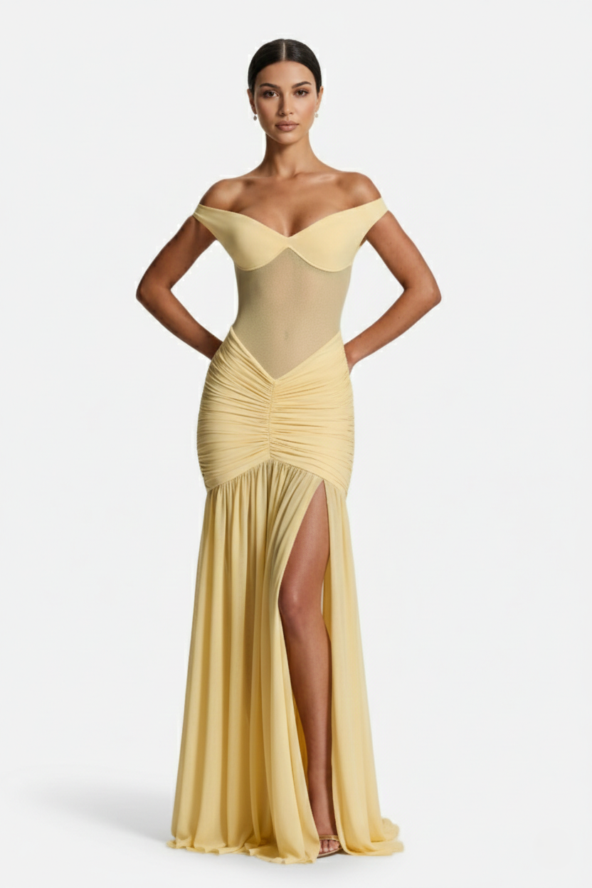 Women's Off Shoulder Ruched Maxi Dress - Mesh Bodice High Slit TARHUS  Maxi Dress