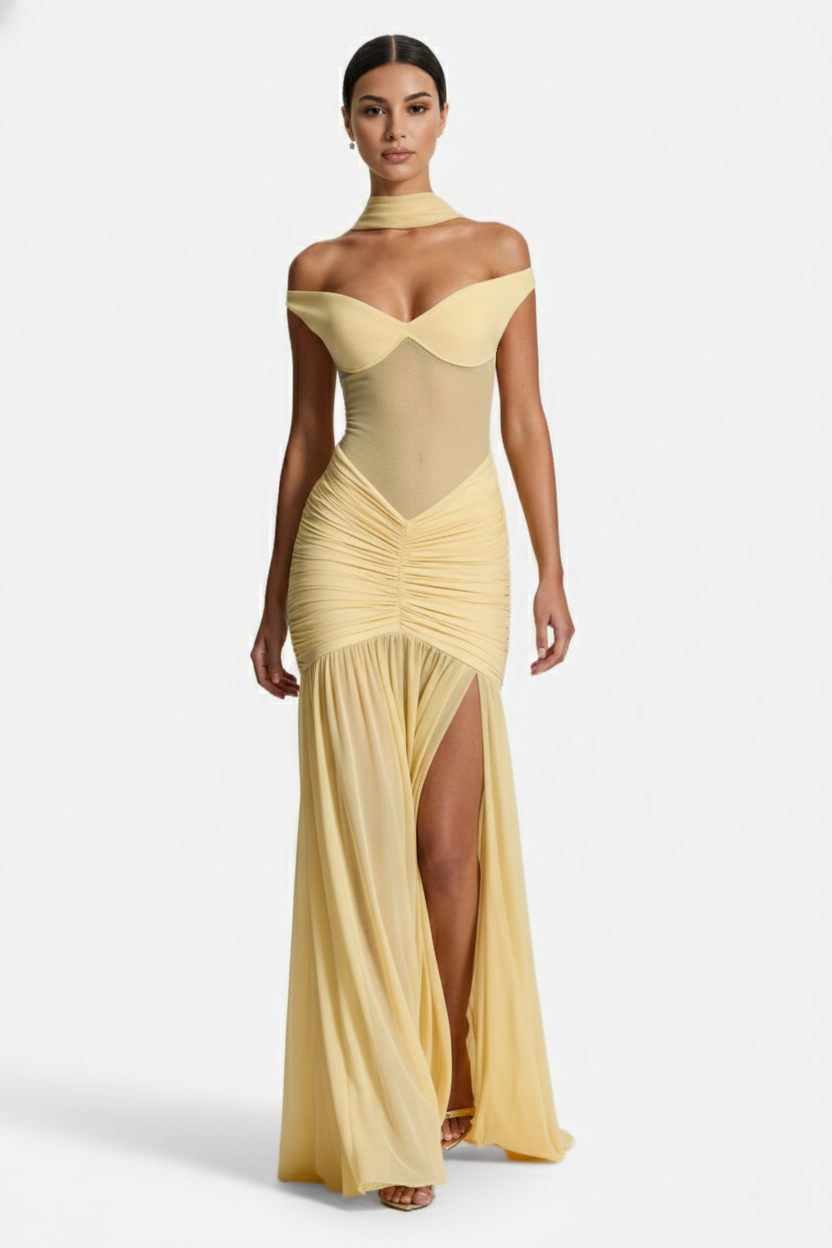 Women's Off Shoulder Ruched Maxi Dress - Mesh Bodice High Slit TARHUS  Maxi Dress